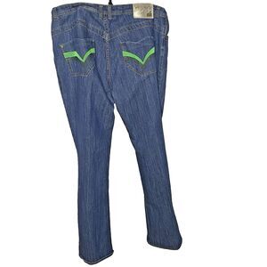 Vintage APPLE BOTTOM Jeans Y2K Flare Stretch Green Embroidered Womens 18 W Blue